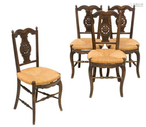 (4) FRENCH PROVINCIAL CARVED RUSH SEAT CHAIRS