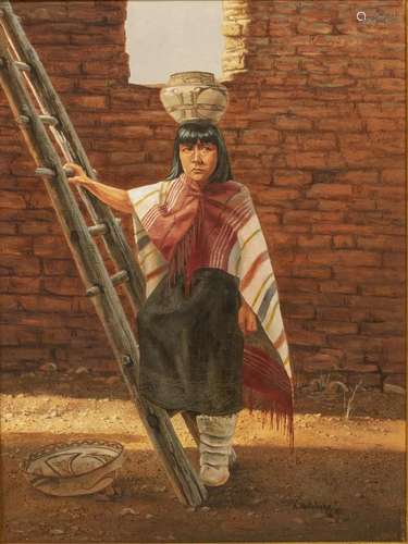 KARIN HOLLEBEKE (B.1950) ZUNI GIRL OIL PAINTING