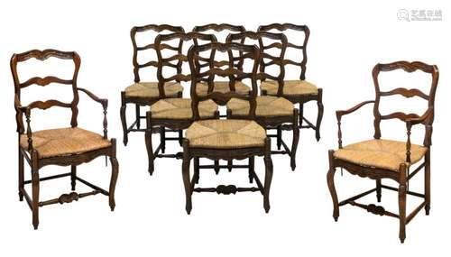 (8) LOUIS XV STYLE FLORAL OAK LADDER BACK CHAIRS