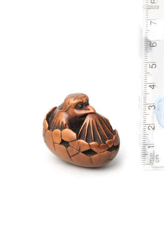 By Masakazu, Gifu, Mino Province, 19th century A wood netsuke of tengu no tamago (hatching tengu)