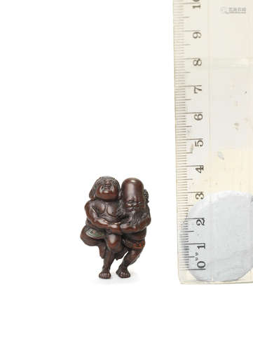 By Kogyo (Hironori), 19th century A small wood netsuke of Daikoku and Fukurokuju