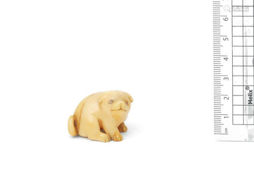 By Rantei, Kyoto, 19th century A small marine ivory netsuke of a puppy