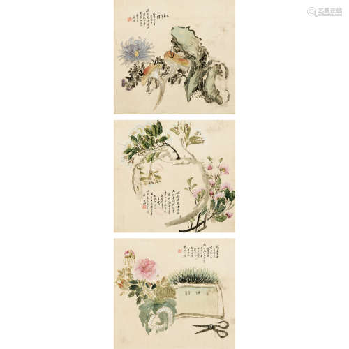 王震 博古花卉（3开） 绢本设色 册页