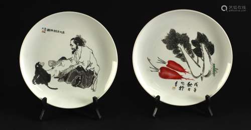 创汇期中国刻瓷款瓷盘两件
