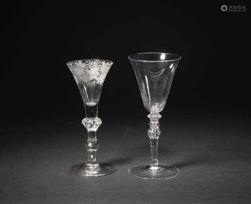 An engraved baluster wine glass and a light baluster goblet, circa 1730-50