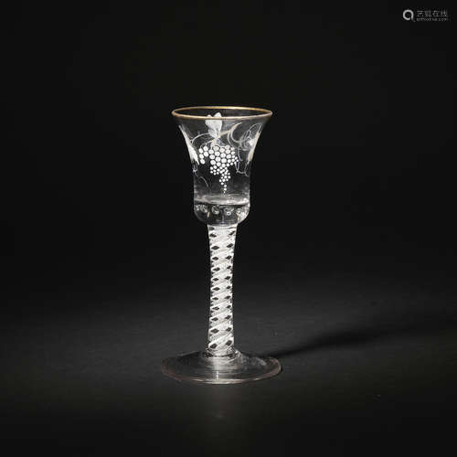 A Beilby enamelled opaque twist wine glass, circa 1765