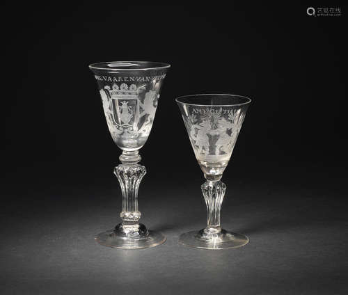 Two Dutch engraved moulded-stem wine glasses, circa 1730-40