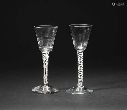 A 'Lynn' opaque-twist wine glass and a mixed twist wine glass, circa 1760-65