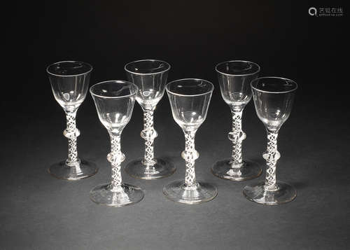 A set of six opaque-twist wine glasses, circa 1760