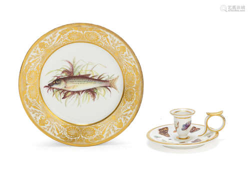 A Derby plate and a Bloor Derby chamberstick, circa 1815-30