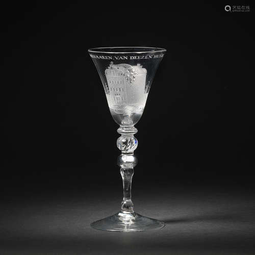 A fine Dutch engraved wine goblet attributed to Jacob Sang, circa 1760