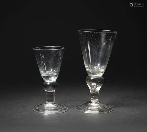 Two heavy baluster wine glasses, circa 1715-20