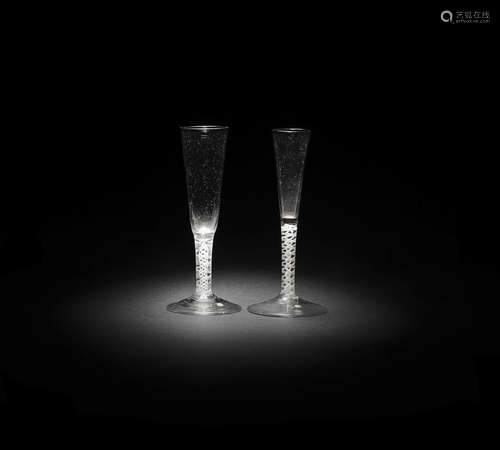 Two opaque twist Ratafia glasses, circa 1760-65