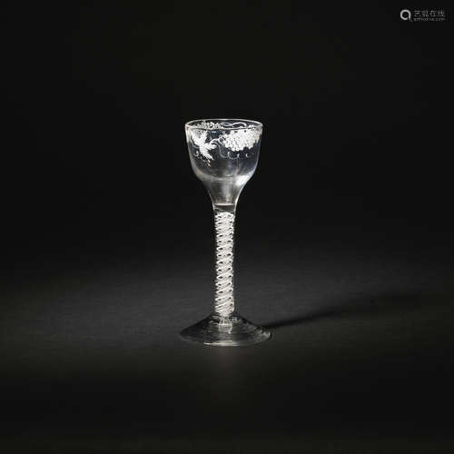 A Beilby enamelled opaque-twist wine glass, circa 1765