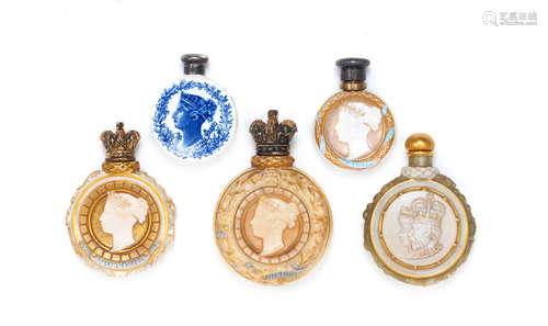 Five rare Royal Worcester commemorative scent bottles, dated 1887 and 1902