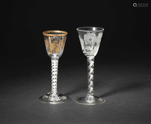 A Giles-decorated opaque-twist wine glass and an engraved airtwist wine, circa 1760-70