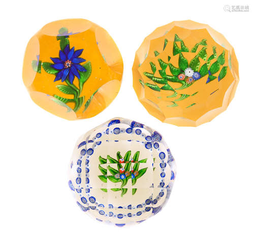 Three St. Louis faceted flat bouquet paperweights, circa 1850