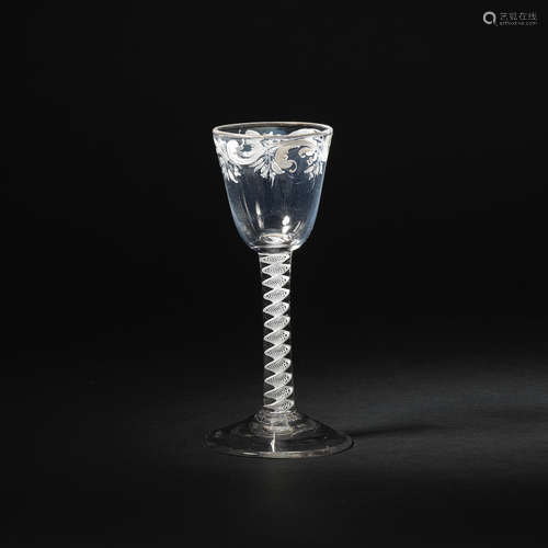 A Beilby enamelled opaque twist wine glass, circa 1765-70