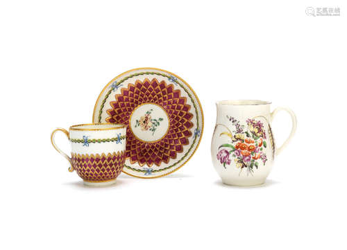 A Chelsea-Derby coffee cup and saucer and a Derby mug, circa 1770-80