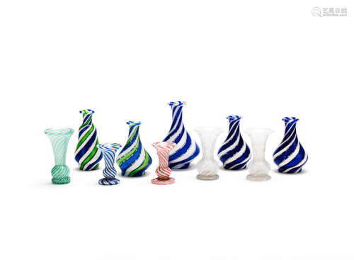 Eighteen French miniature latticinio vases, including Clichy, circa 1850