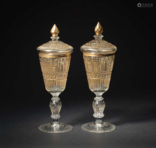 A pair of Ottoman Beykoz glass goblets and covers, Turkey, 19th century