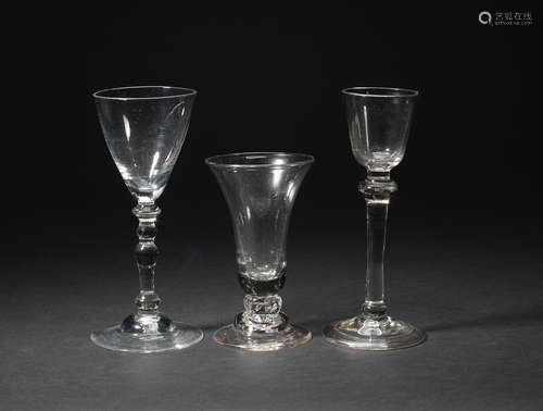 A light baluster cordial glass, a dram glass and a wine glass, circa 1730-60