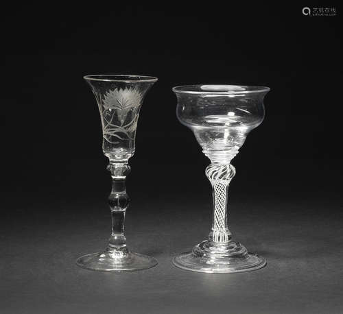 An opaque twist sweetmeat glass and an engraved wine glass, circa 1745-1760