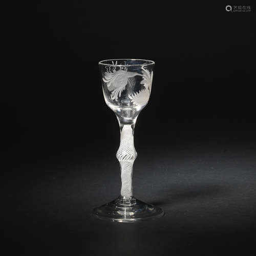 An engraved opaque-twist wine glass of Jacobite interest, circa 1760