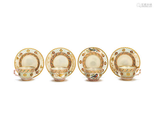 Four Royal Worcester reticulated cabinet cups and saucers, dated 1876-1886