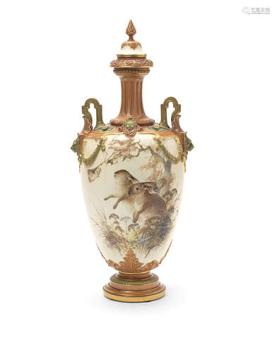 A large Royal Worcester vase and cover painted by Charley Baldwyn, dated 1890