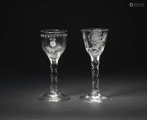 An engraved Thistle Club glass and a wine glass of Jacobite interest, circa 1770-75