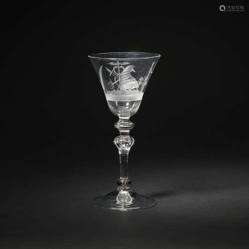 A Dutch engraved light baluster wine goblet, circa 1750-70