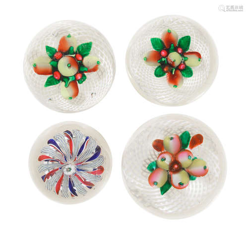 Three American fruit paperweights and a New England Glass Co. crown, circa 1860