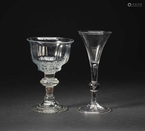 A light baluster wine glass and a baluster sweetmeat glass, circa 1730-40