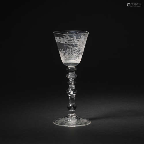 A Dutch diamond-engraved light baluster wine glass, circa 1750-70