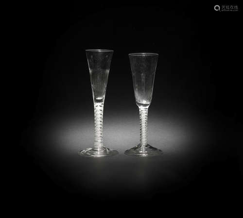 Two opaque twist Ratafia glasses, circa 1760-65