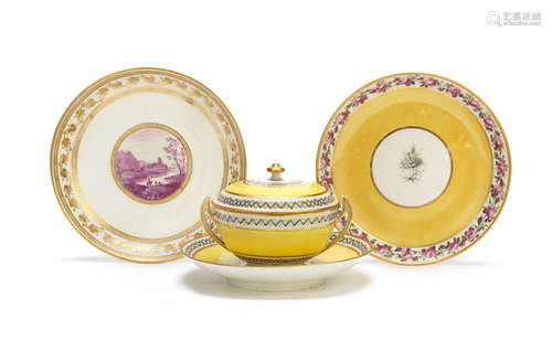 A Derby ecuelle, cover and stand and two saucer dishes, circa 1785-90