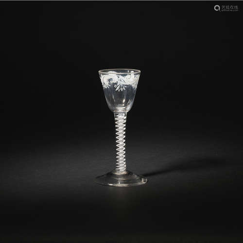 A Beilby enamelled opaque-twist wine glass, circa 1765