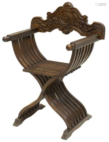 ITALIAN SHELL CARVED FOLDING SAVONAROLA CHAIR