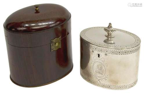 ENGLISH STERLING LE SAGE TEA CADDY & MAHOGANY CASE