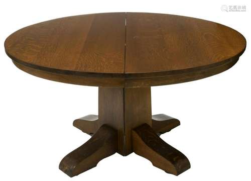 GUSTAV STICKLEY OAK ROUND EXTENSION DINING TABLE