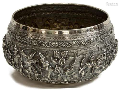 LARGE BURMESE 950 SILVER REPOUSSE CENTER BOWL