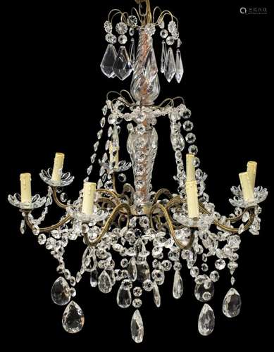 CONTINENTAL GILT METAL CRYSTAL 8-LIGHT CHANDELIER