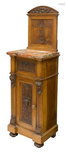 ITALIAN CARVED WALNUT & MARBLE BEDSIDE CABINET