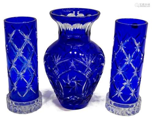 3) BOHEMIAN BLUE CUT/ CLEAR ART GLASS VASE & LAMPS