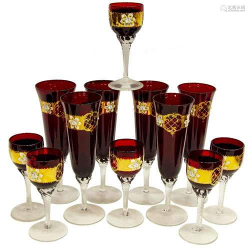 (12) BOHEMIAN GILT ENAMEL RUBY GLASS STEMWARE