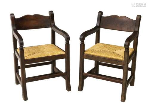 2)HEAVY RUSTIC CARVED WOOD RUSH SEAT ARMCHAIRS