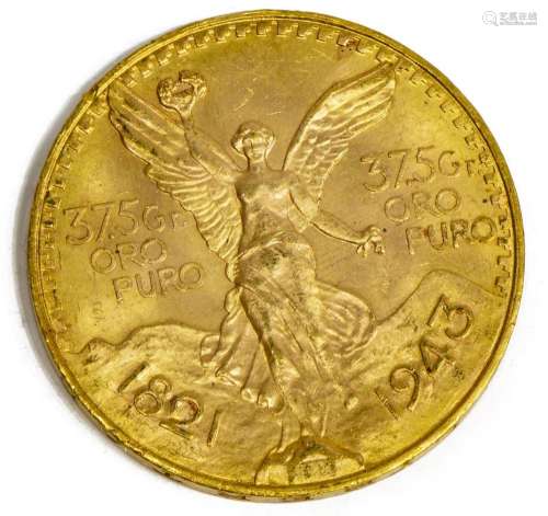 MEXICO GOLD 50 PESOS COIN, 1945