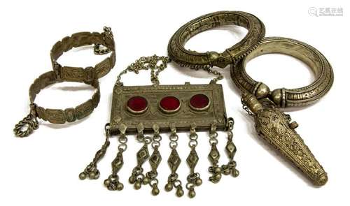 (6) BEDOUIN SILVER BRACELETS, NECKLACE & BOTTLE