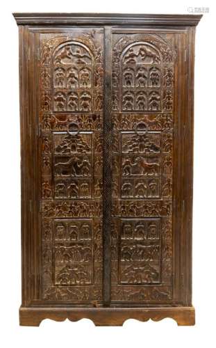 HEAVILY CARVED INDIA ARCHITECTURAL PANEL ARMOIRE